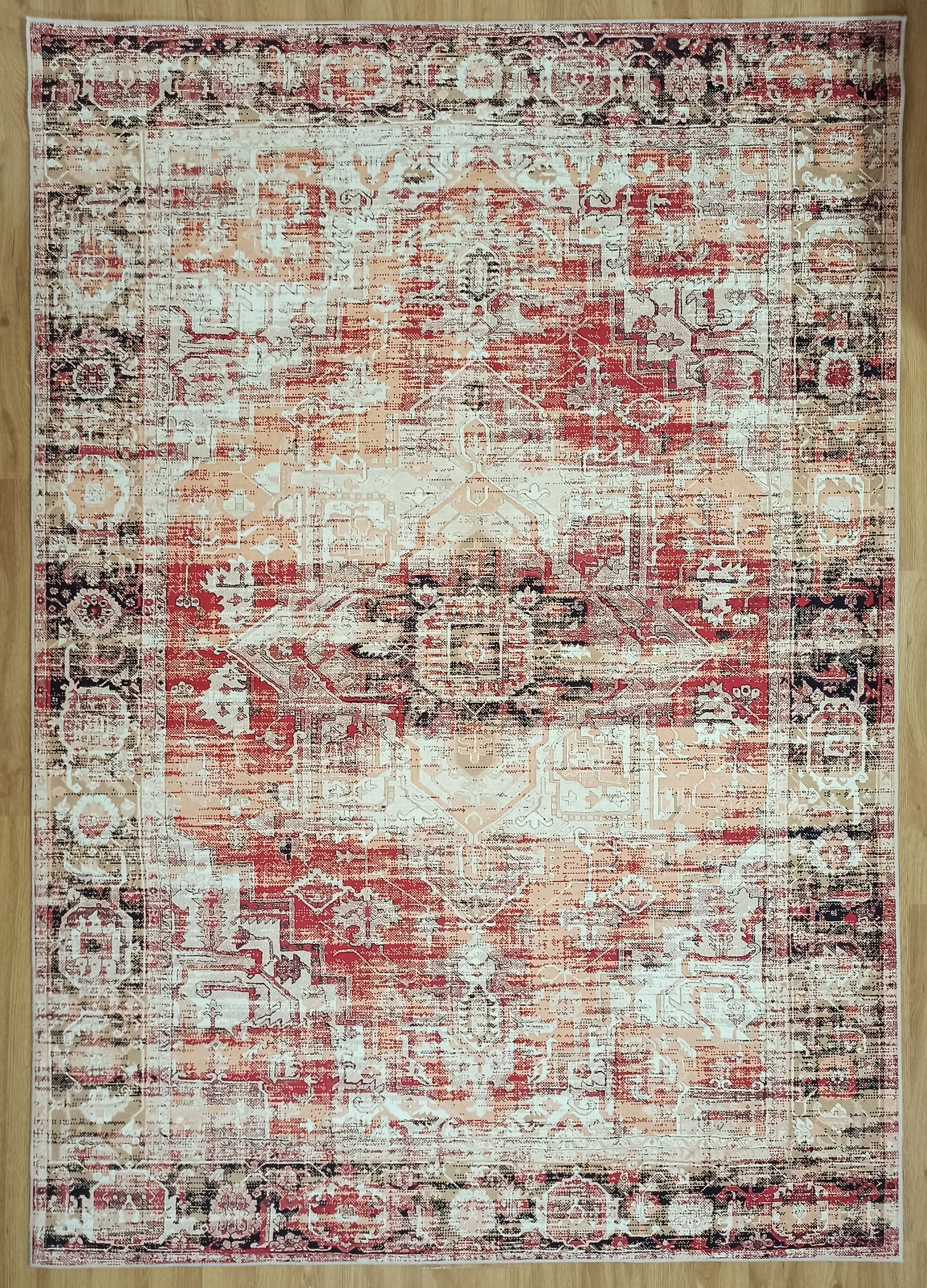 Eskitme Madalyon Desenli Kırmızı ve Krem Vintage Salon Halısı - OUTLET - 11669OU