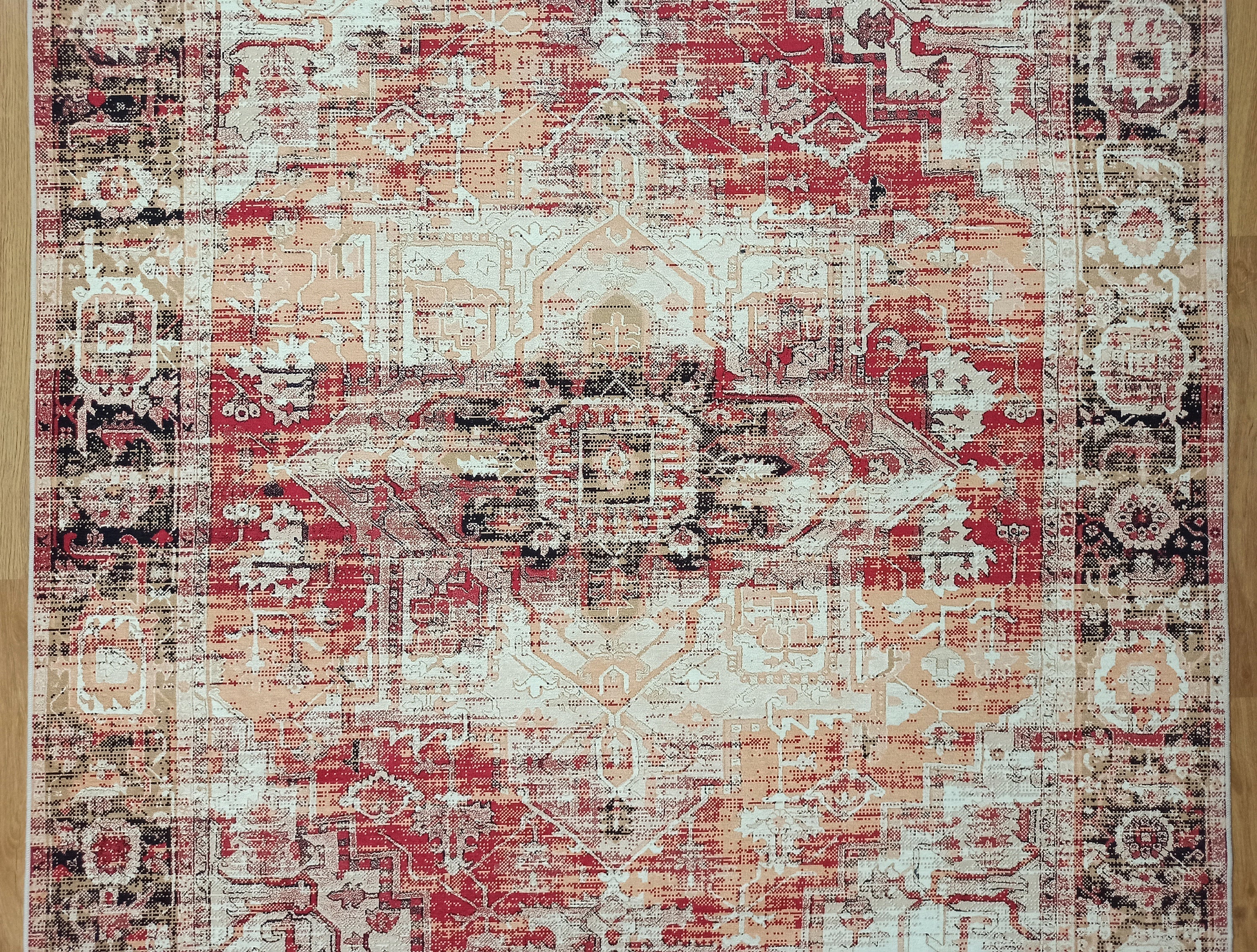 Eskitme Madalyon Desenli Kırmızı ve Krem Vintage Salon Halısı - OUTLET - 11669OU