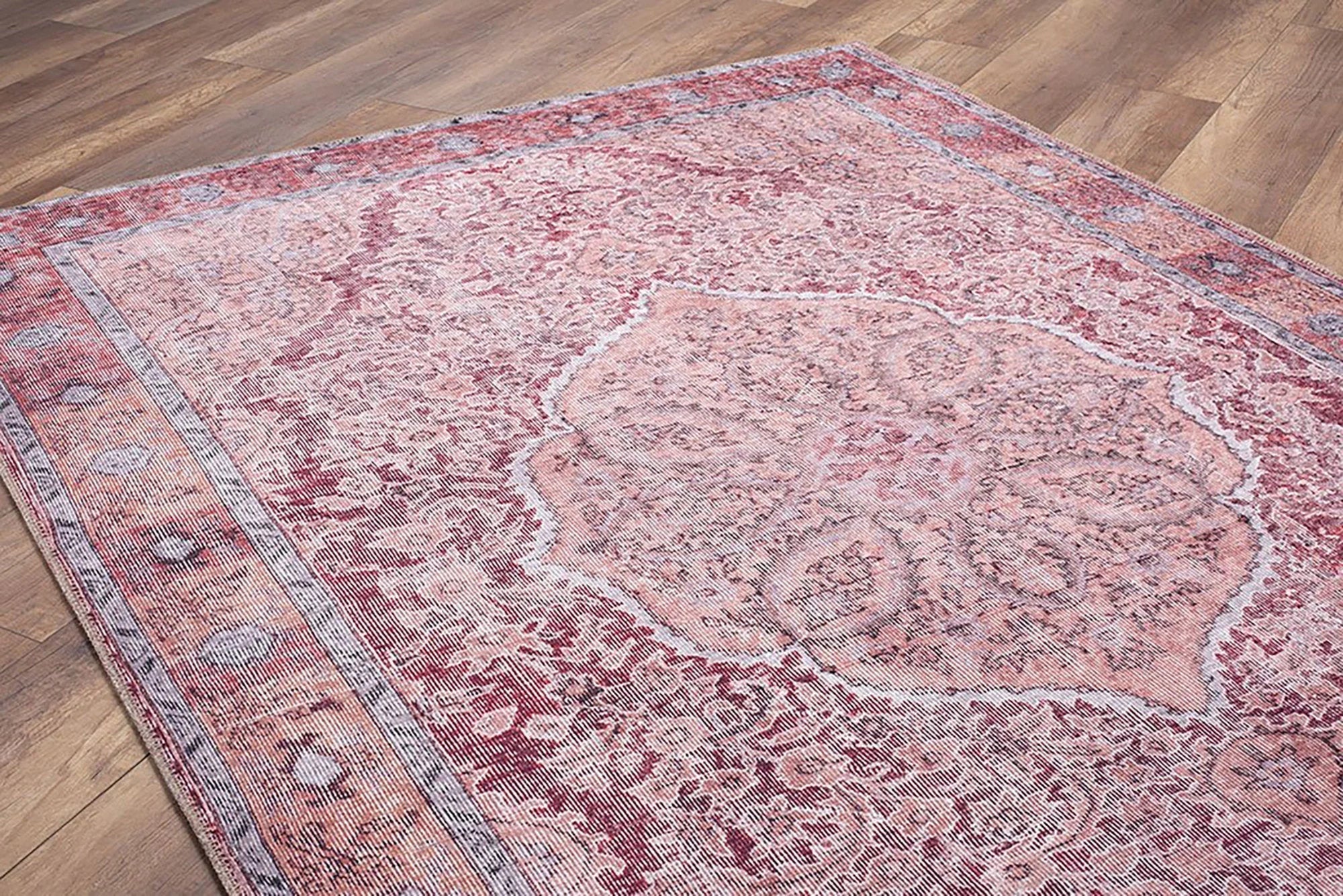 Eskitme Madalyon Desenli Gül Kurusu ve Gri Vintage Halı - OUTLET - AL167OU