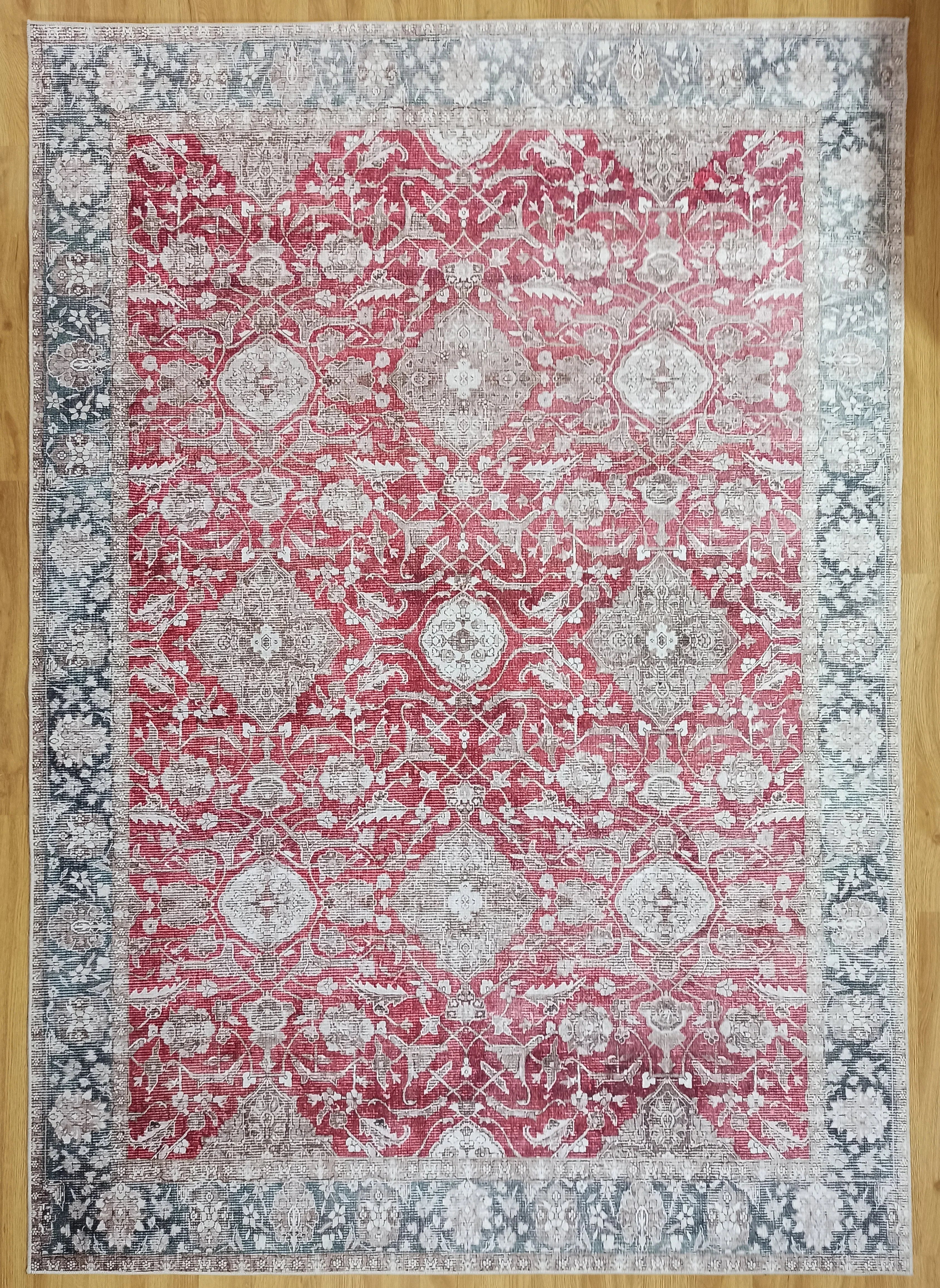 Eskitme Desenli Kırmızı ve Gri Vintage Halı - OUTLET - 12717OU