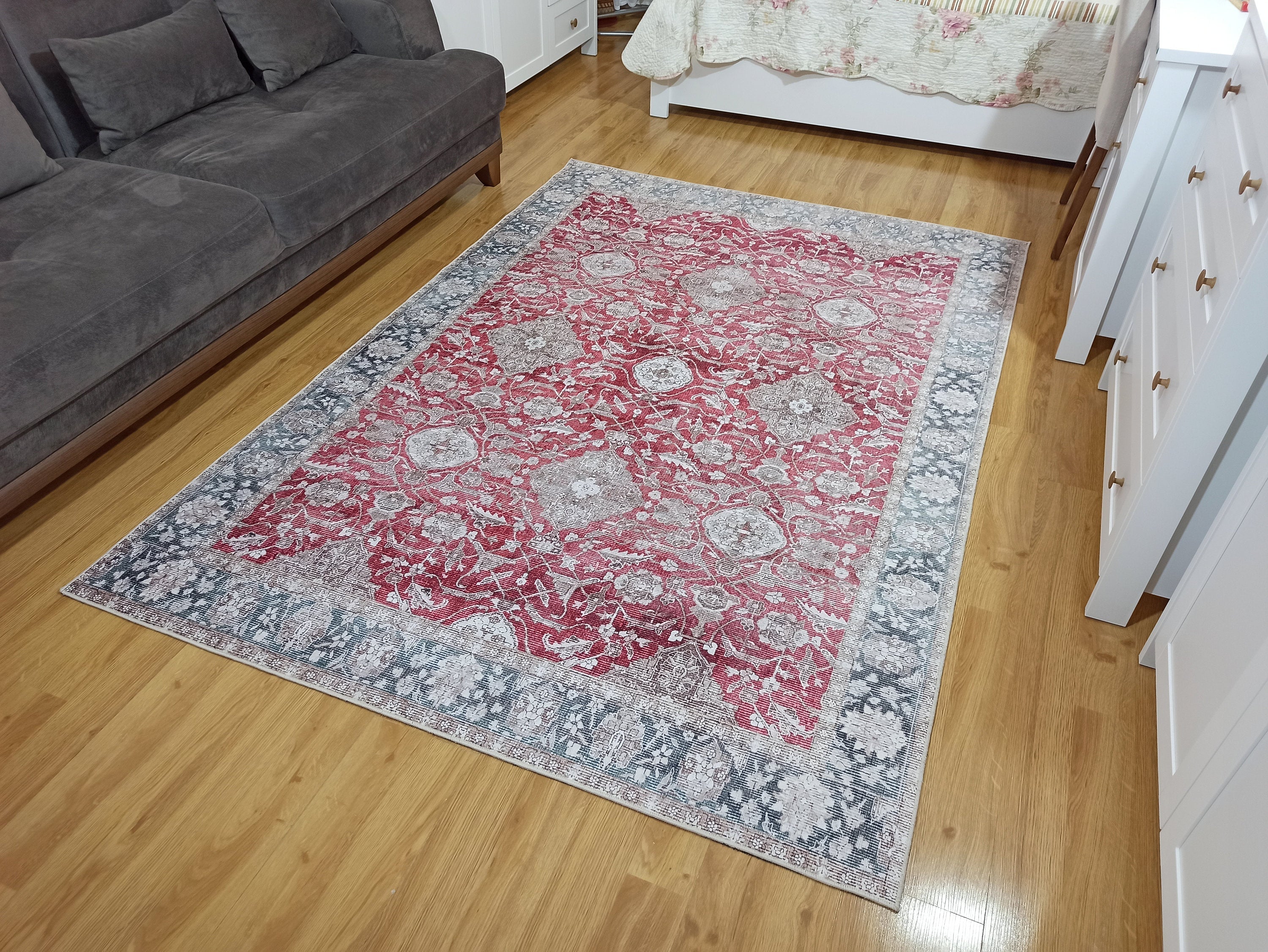 Eskitme Desenli Kırmızı ve Gri Vintage Halı - OUTLET - 12717OU