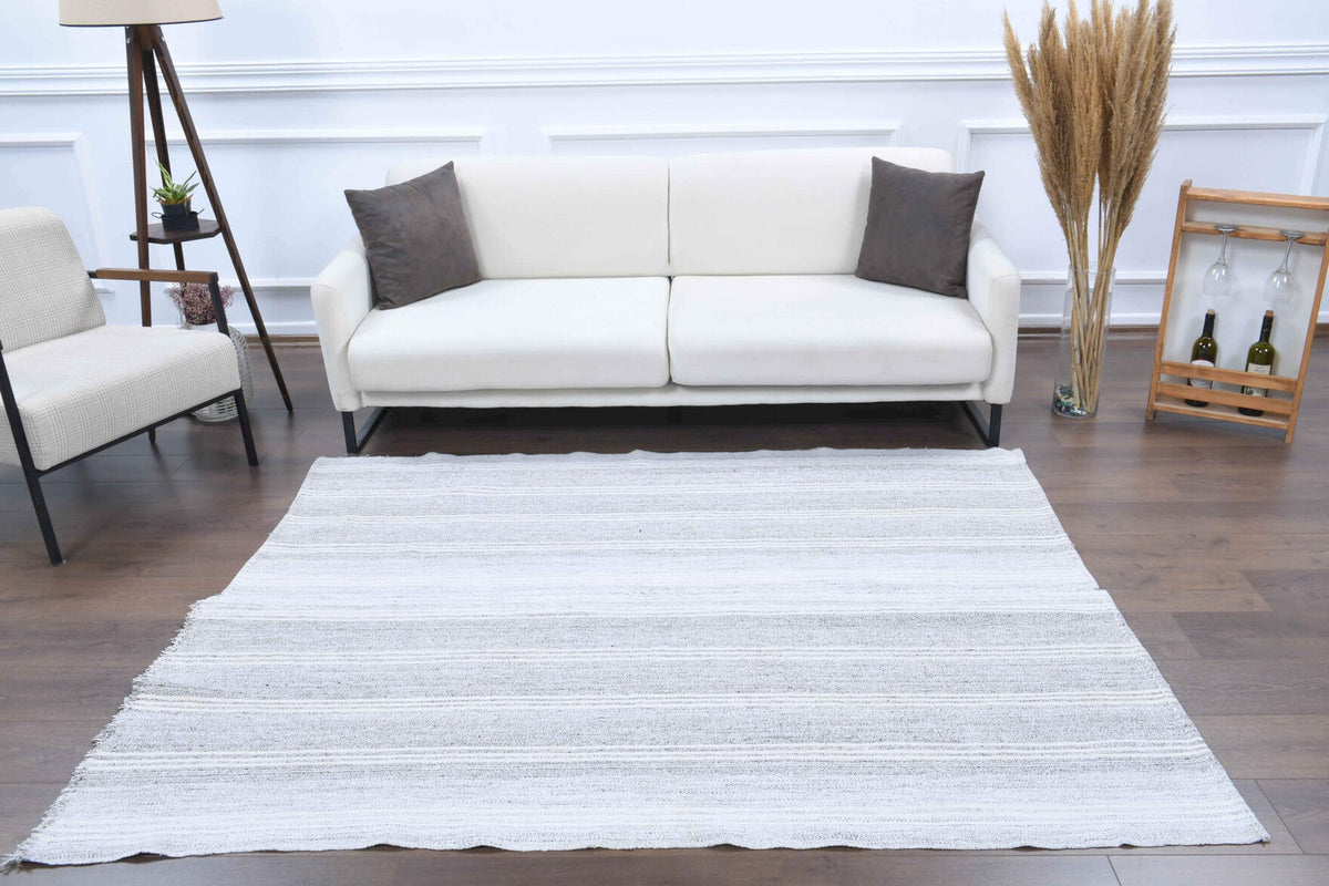 El yapımı vintage halı 178x213 cm çizgili desenli yün - detay görünümü