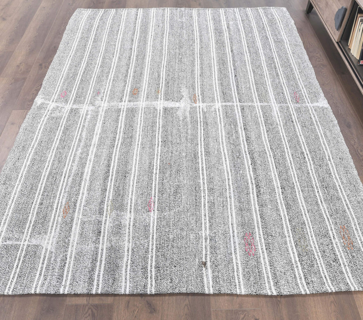 El yapımı vintage halı 185x241 cm çizgili desenli yün - detay görünümü