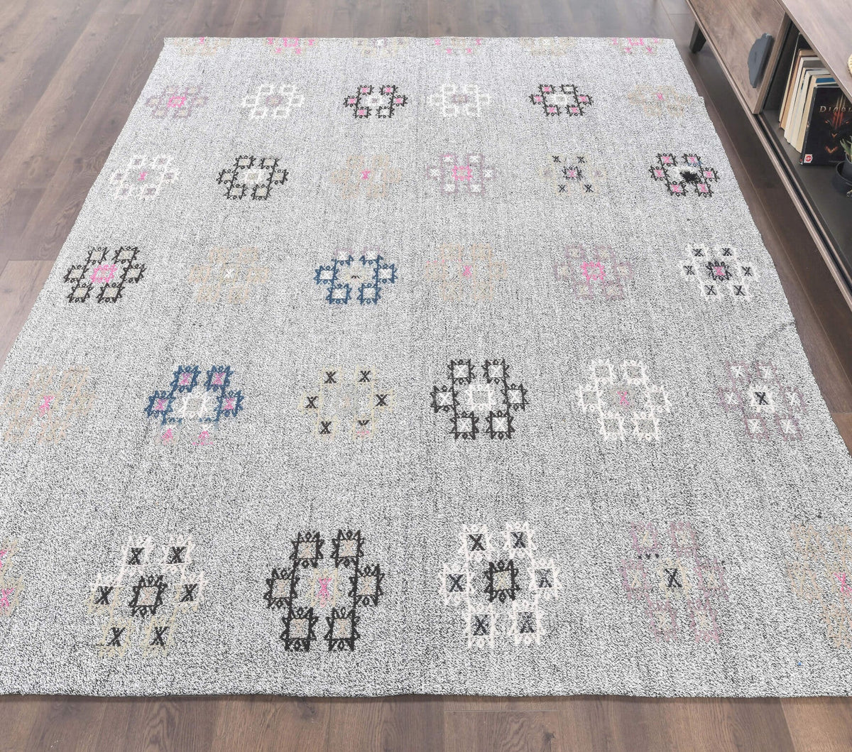 El yapımı vintage halı 193x246 cm i̇kat desenli yün - detay görünümü