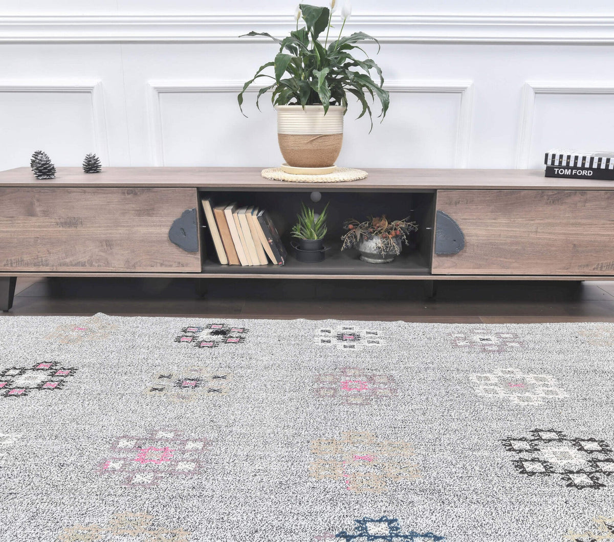 El yapımı vintage halı 193x246 cm i̇kat desenli yün - kenar ve saçak detayı