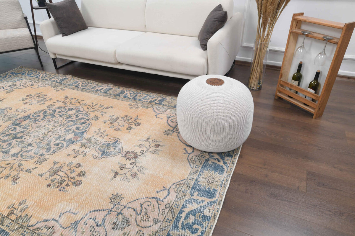 El yapımı vintage halı 180x287 cm oryantal desenli yün - yakın çekim doku detayı