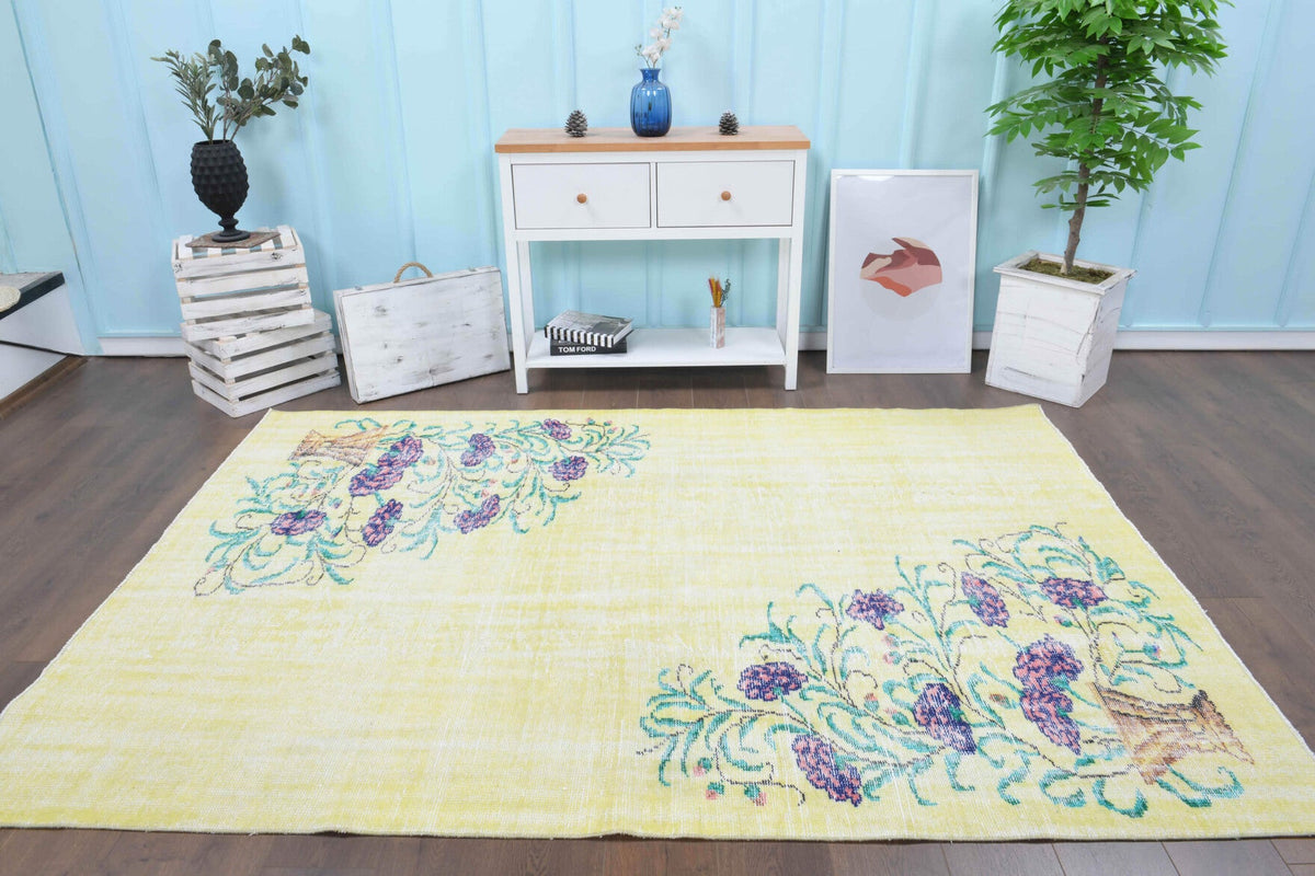 El yapımı vintage halı 178x259 cm çiçek desenli desenli yün - detay görünümü
