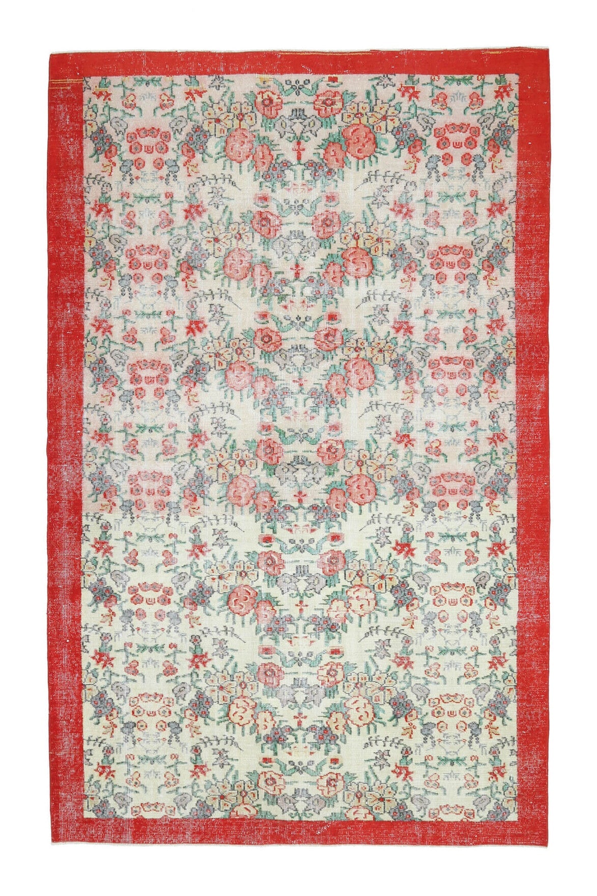 El yapımı vintage halı 178x279 cm bordürlü desenli yün - açık alan görünümü