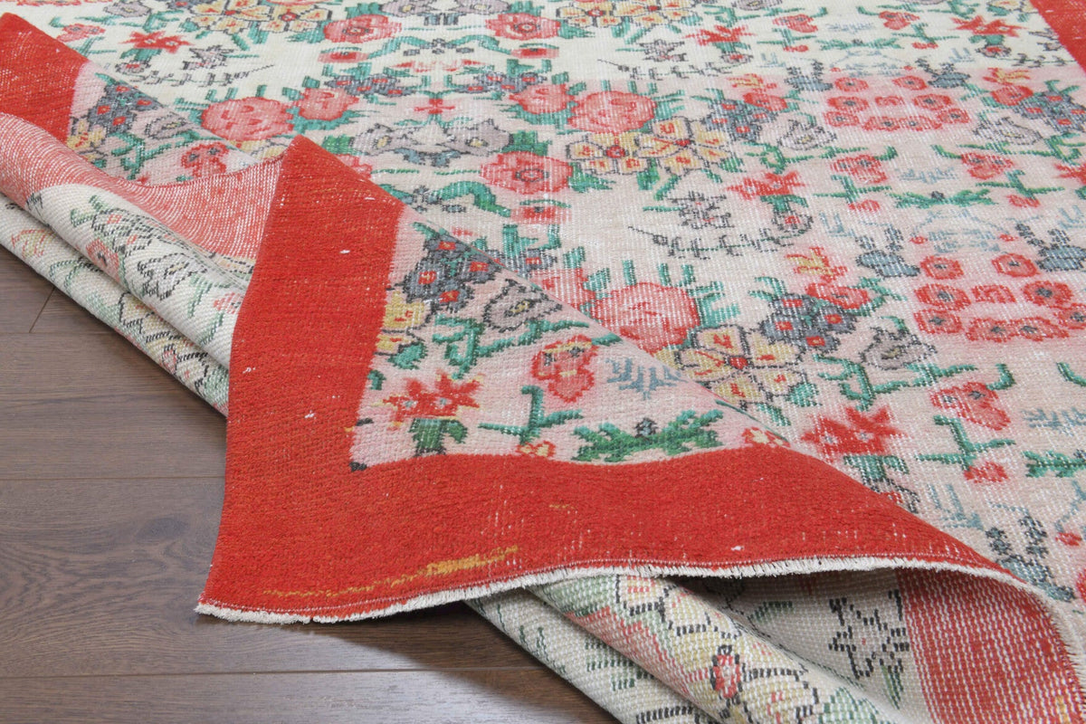 El yapımı vintage halı 178x279 cm bordürlü desenli yün - kenar ve saçak detayı