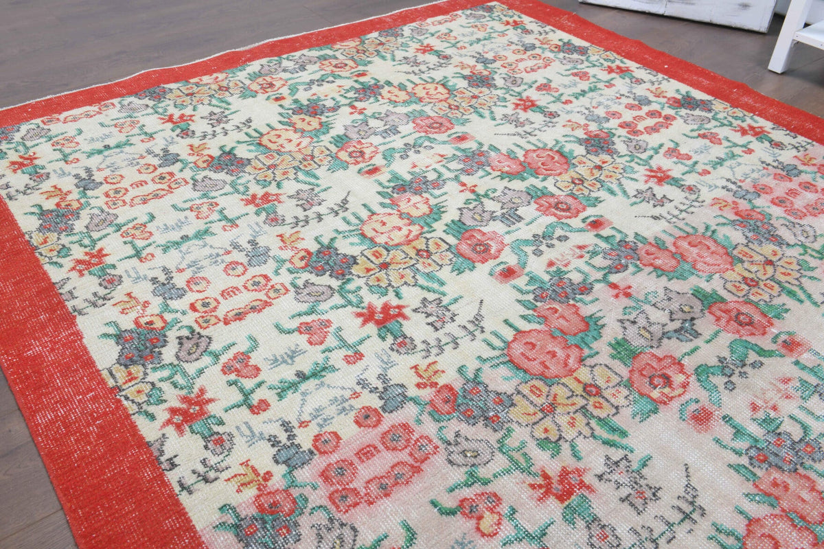El yapımı vintage halı 178x279 cm bordürlü desenli yün - üstten görünüm