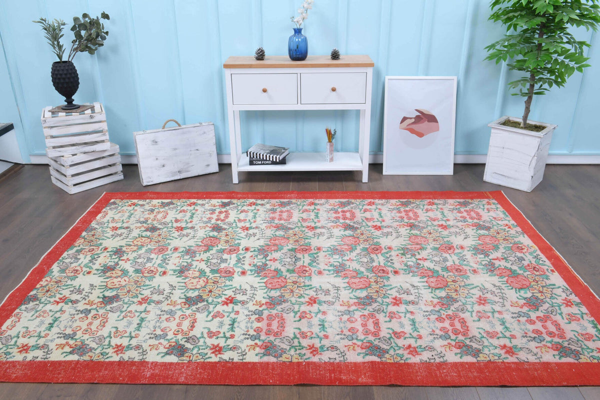 El yapımı vintage halı 178x279 cm bordürlü desenli yün - detay görünümü