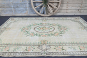El yapımı vintage halı 188x279 cm madalyonlu desenli yün - detay görünümü