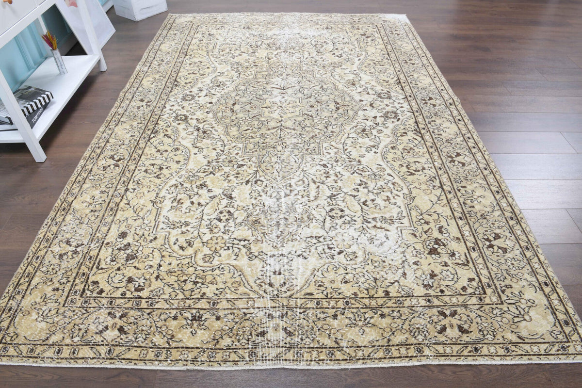 El yapımı vintage halı 201x295 cm oryantal desenli yün - yakın çekim doku detayı