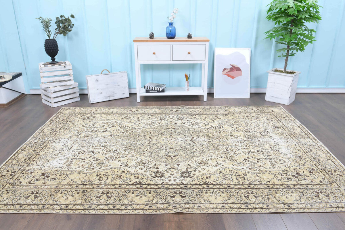 El yapımı vintage halı 201x295 cm oryantal desenli yün - detay görünümü