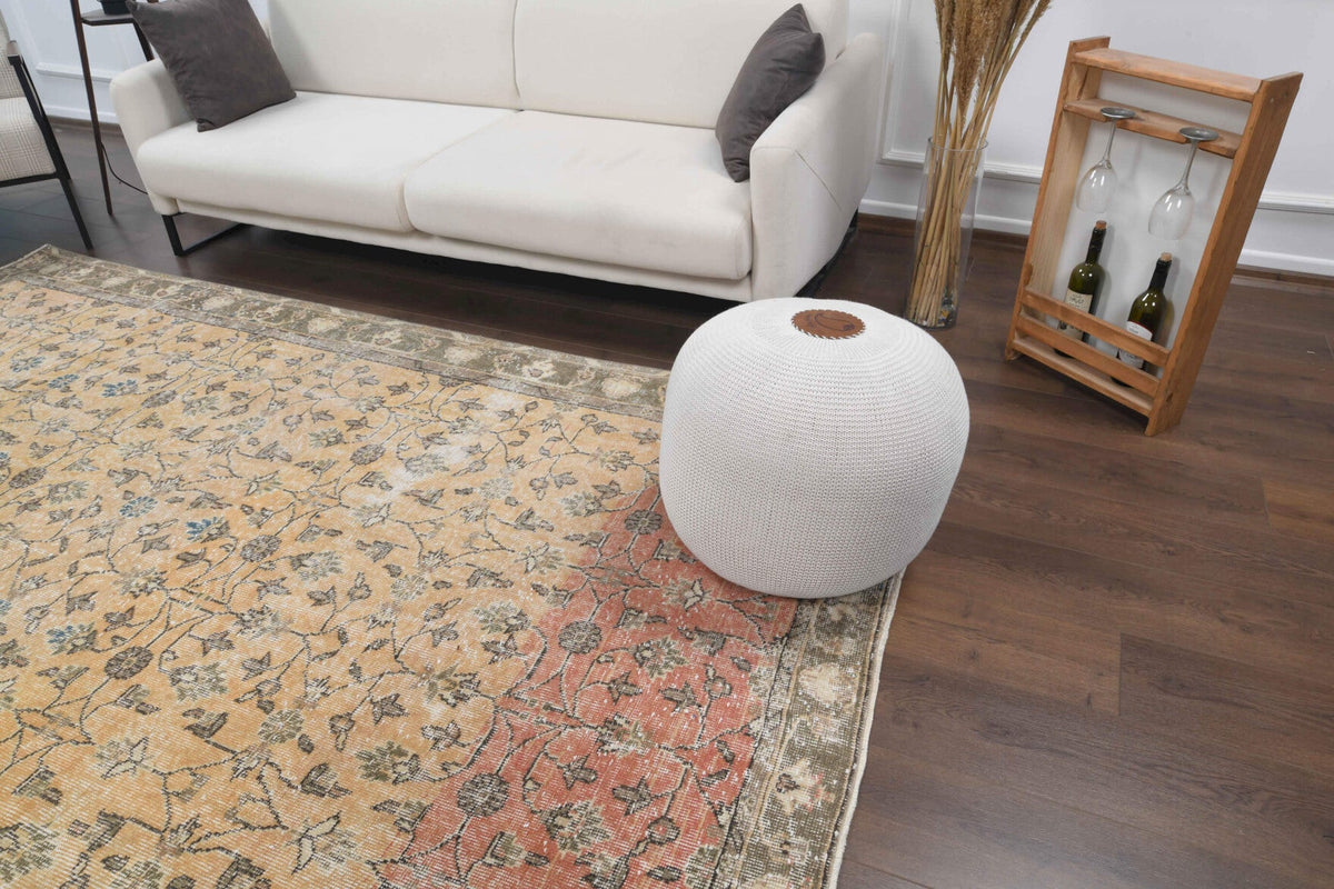 El yapımı vintage halı 208x292 cm çiçek desenli desenli yün - yakın çekim doku detayı