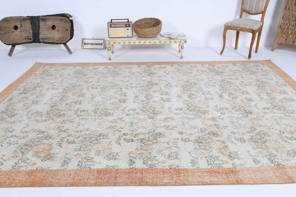 El yapımı vintage halı 213x310 cm çiçek desenli desenli yün - kenar ve saçak detayı