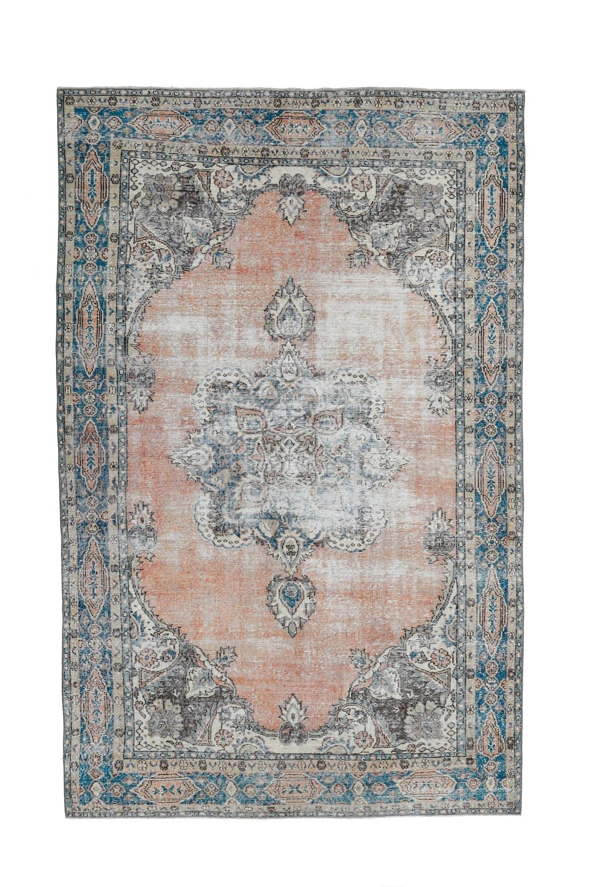 El yapımı vintage halı 203x318 cm çiçek desenli desenli yün
