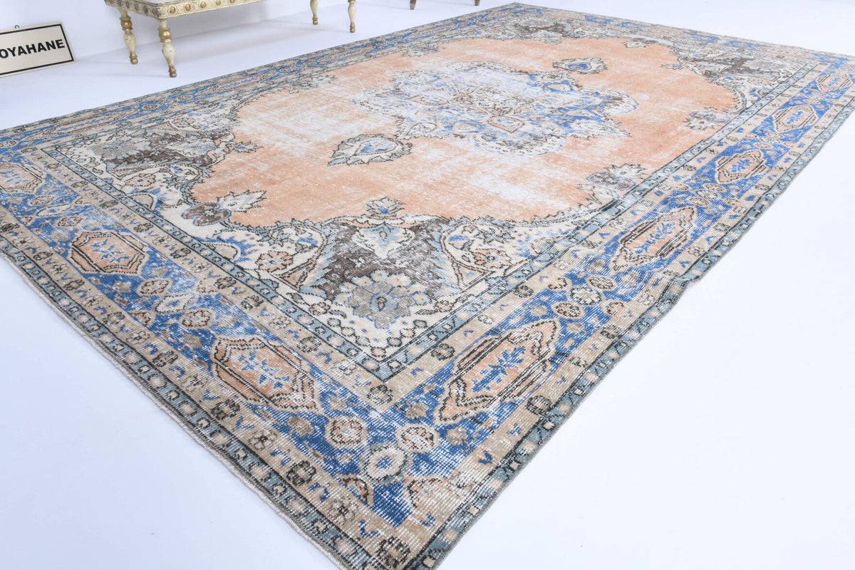 El yapımı vintage halı 203x318 cm çiçek desenli desenli yün - yakın çekim doku detayı