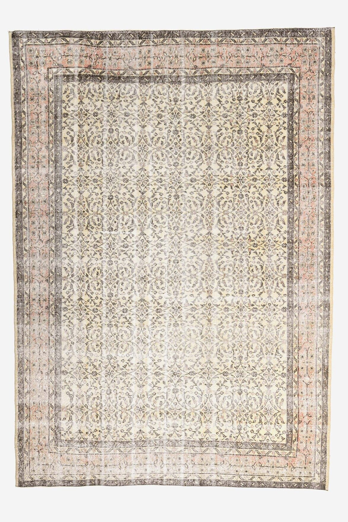 El yapımı vintage halı 218x318 cm çiçek desenli desenli yün - ışık altında renk detayı