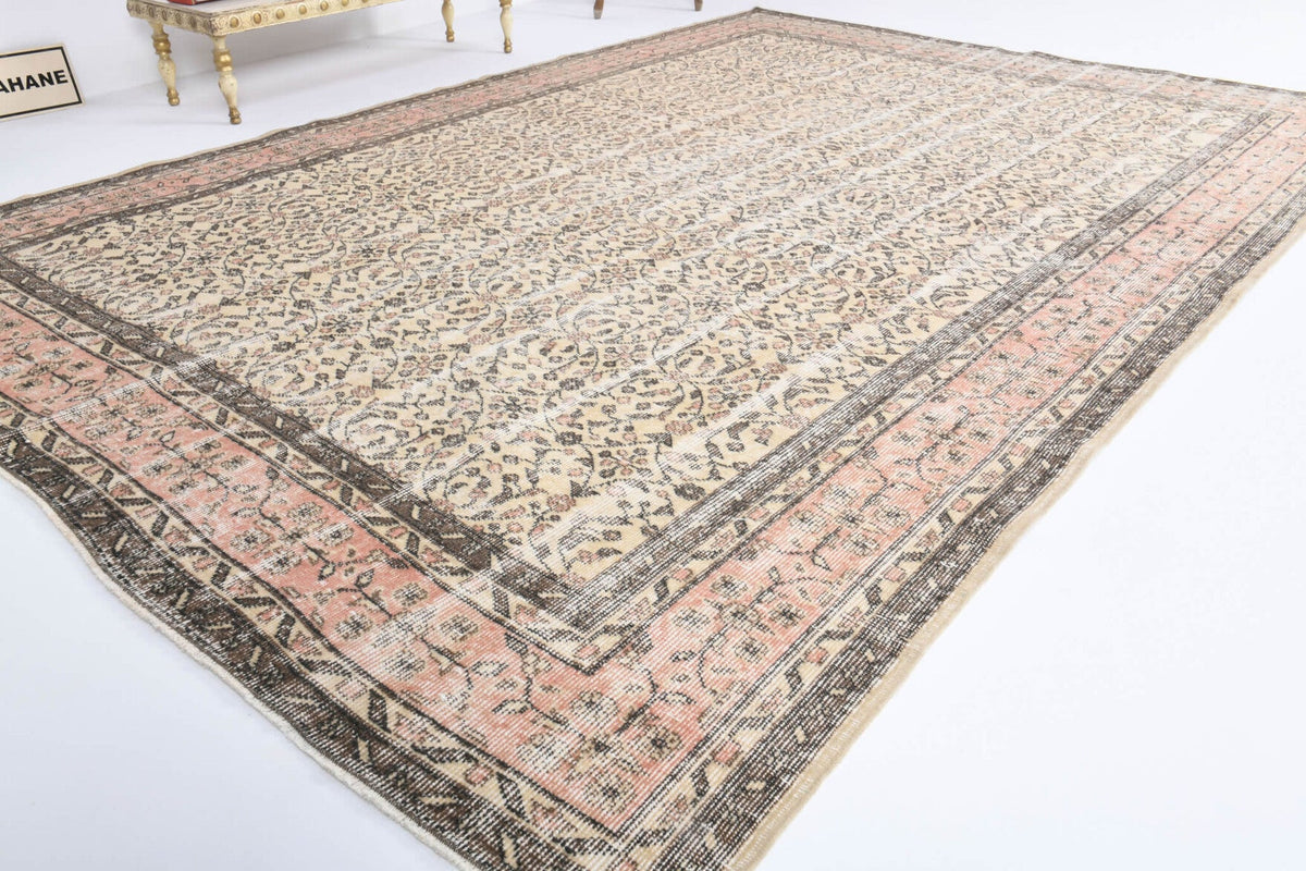El yapımı vintage halı 218x318 cm çiçek desenli desenli yün - yakın çekim doku detayı