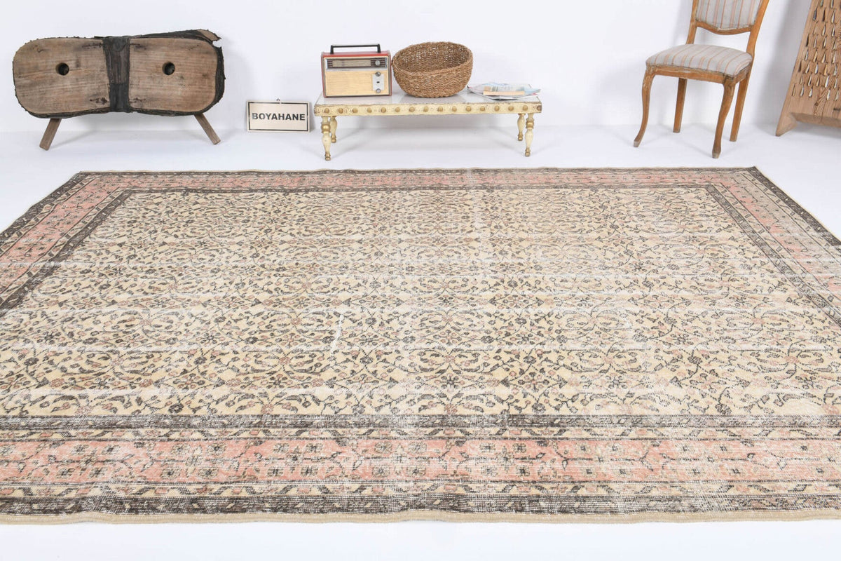 El yapımı vintage halı 218x318 cm çiçek desenli desenli yün - kenar ve saçak detayı
