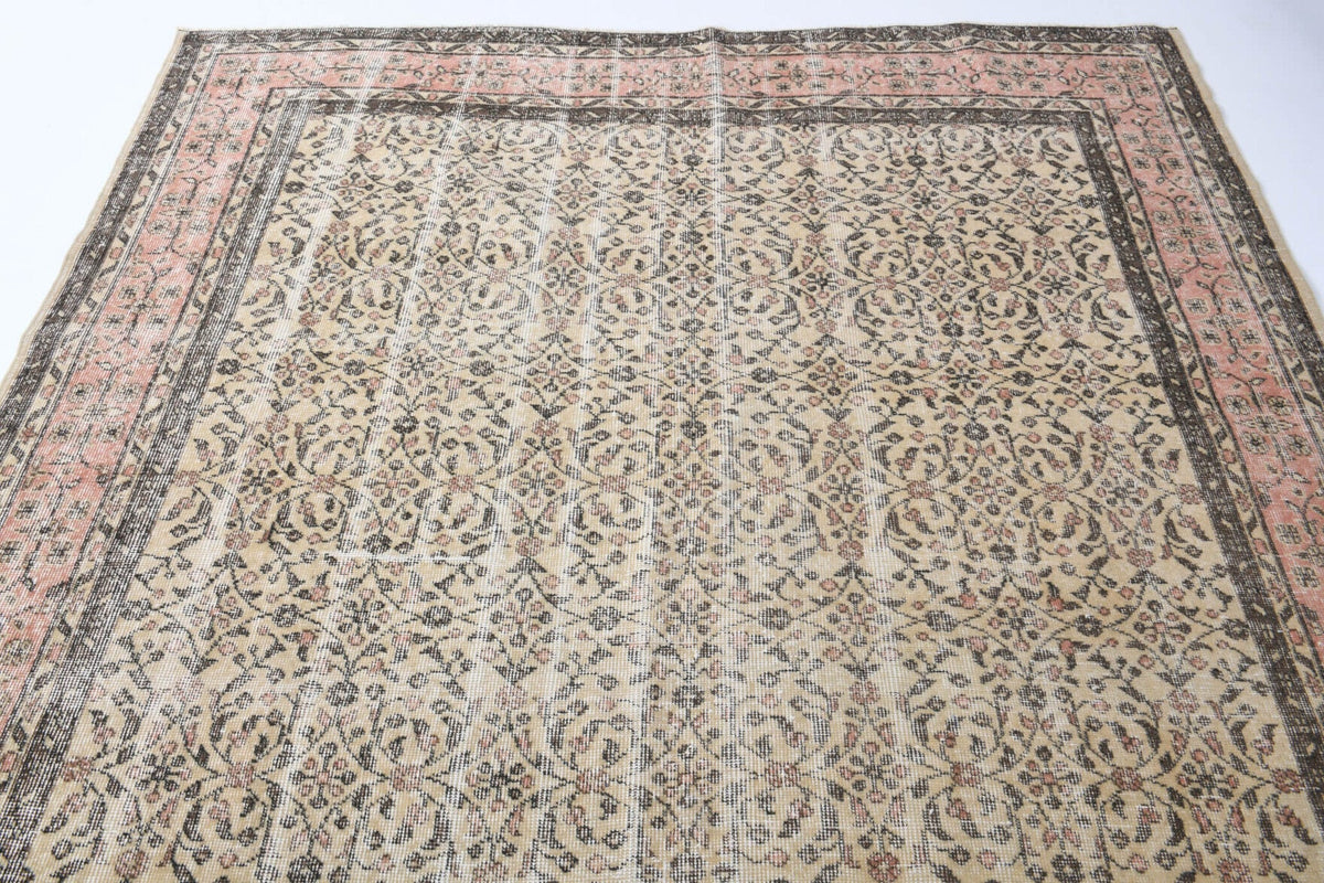 El yapımı vintage halı 218x318 cm çiçek desenli desenli yün - üstten görünüm