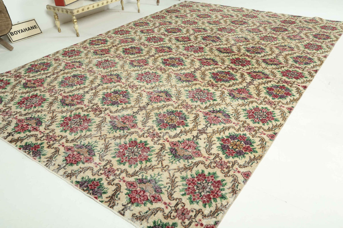 El yapımı vintage halı 183x305 cm i̇kat desenli yün - yakın çekim doku detayı
