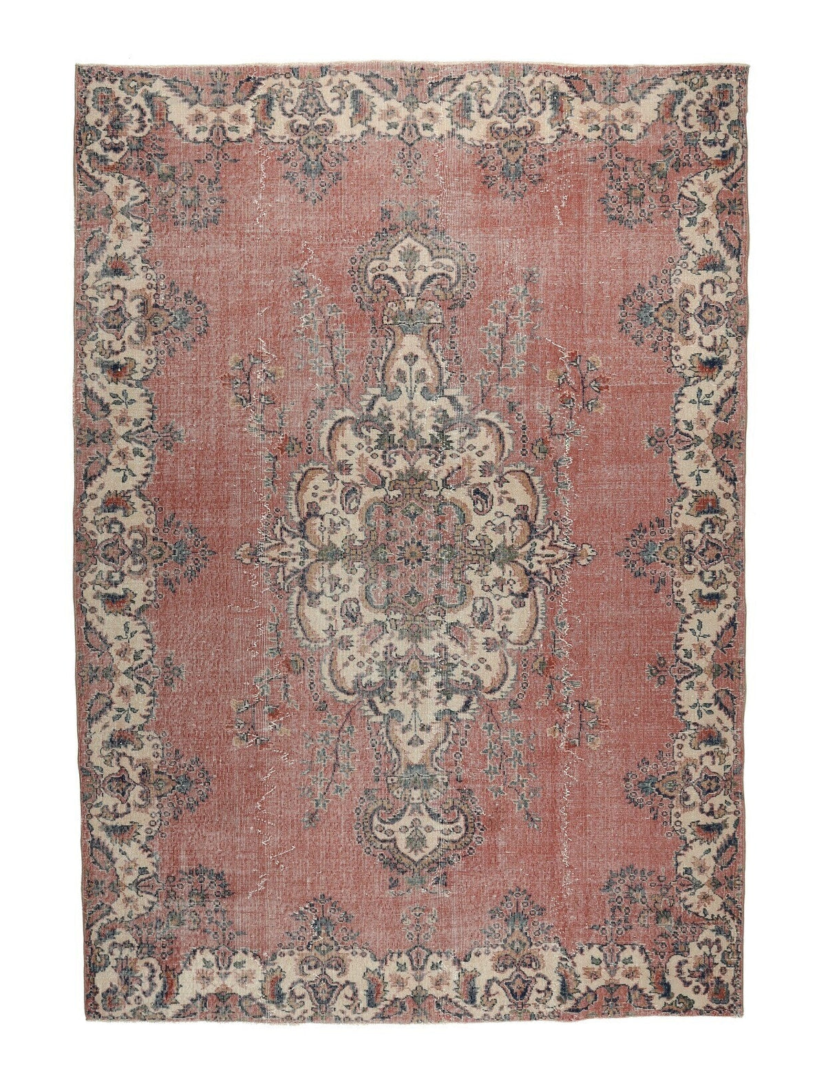 El yapımı vintage halı 213x305 cm çiçek desenli desenli yün - üstten görünüm