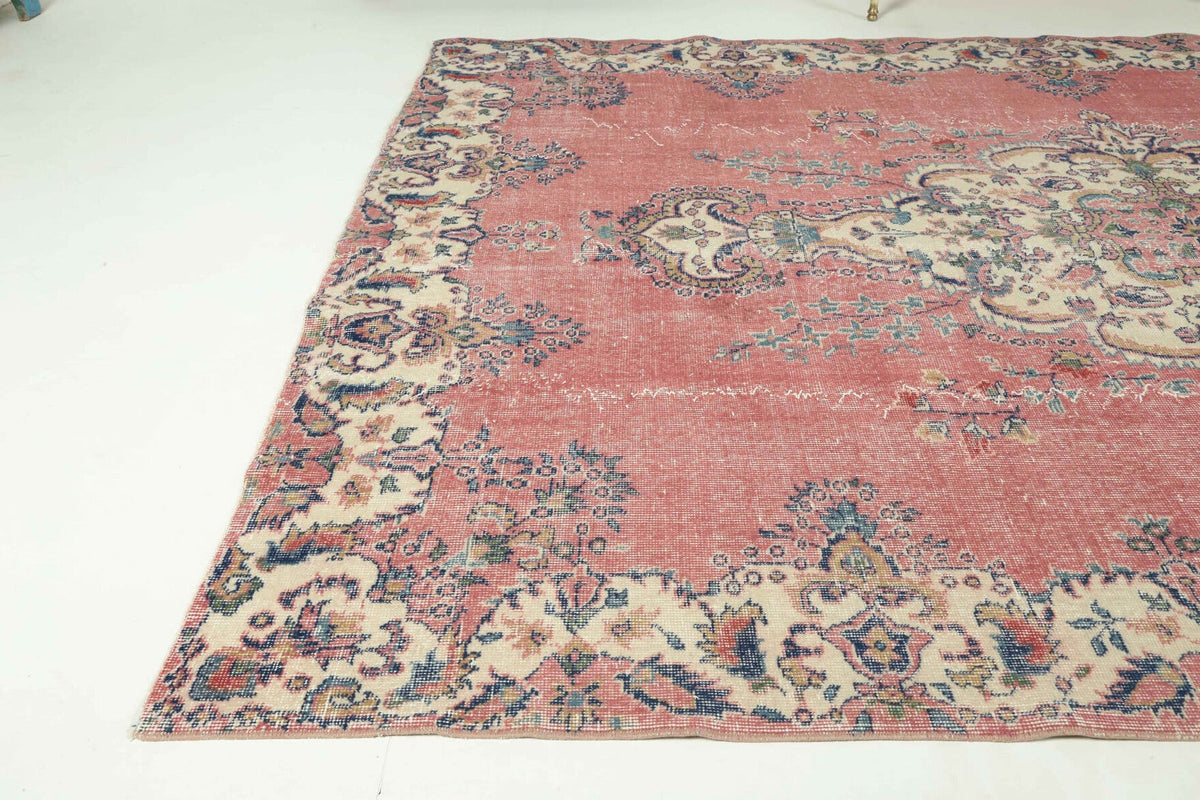 El yapımı vintage halı 213x305 cm çiçek desenli desenli yün - detay görünümü
