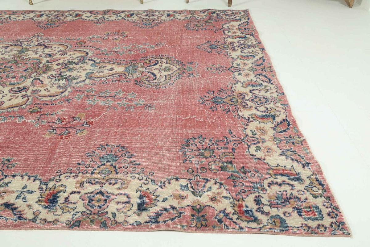 El yapımı vintage halı 213x305 cm çiçek desenli desenli yün - yakın çekim doku detayı