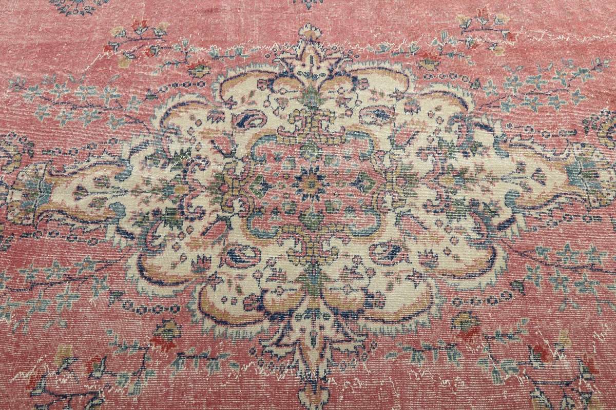 El yapımı vintage halı 213x305 cm çiçek desenli desenli yün - kenar ve saçak detayı