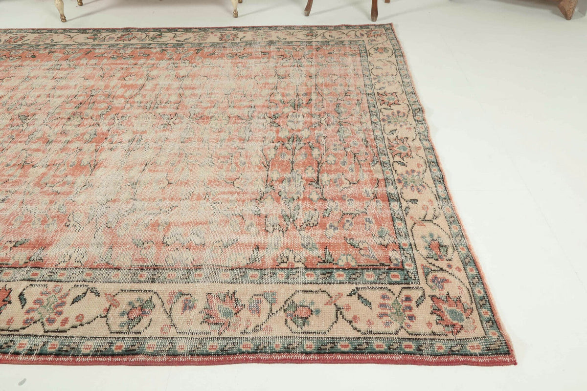 El yapımı vintage halı 213x274 cm çiçek desenli desenli yün - kenar ve saçak detayı