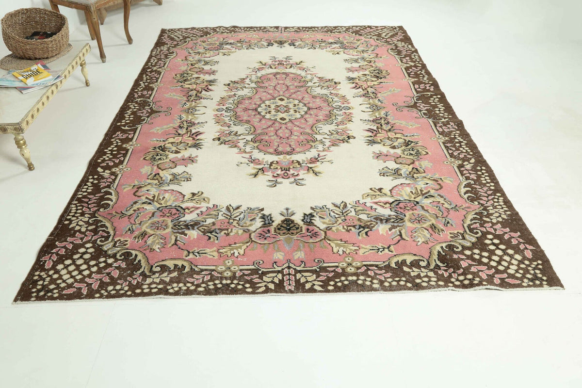 El yapımı vintage halı 183x274 cm çiçek desenli desenli yün - üstten görünüm