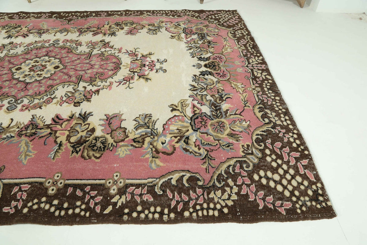 El yapımı vintage halı 183x274 cm çiçek desenli desenli yün - kenar ve saçak detayı