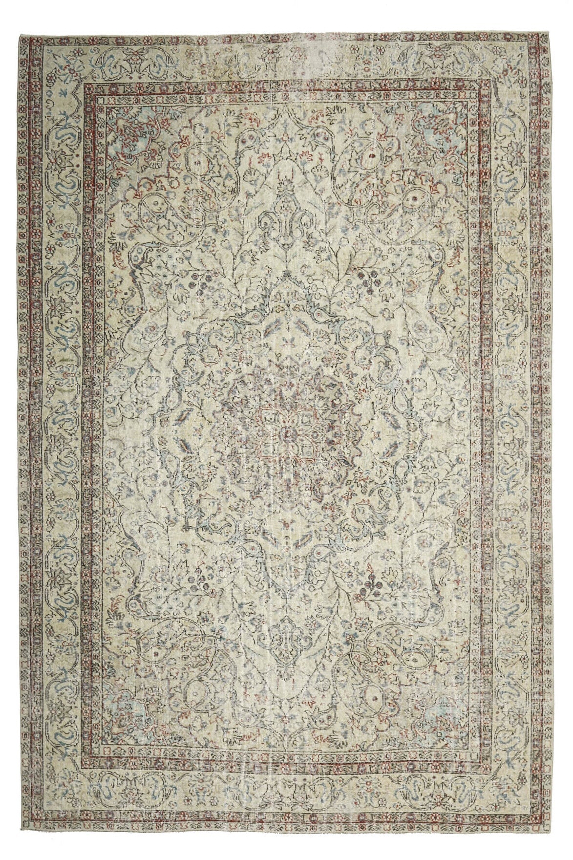 El yapımı vintage halı 216x320 cm çiçek desenli desenli yün - üstten görünüm