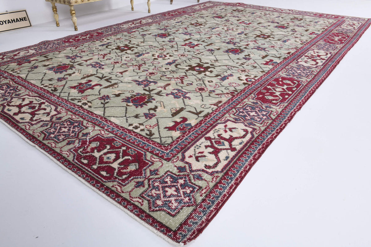 El yapımı vintage halı 208x330 cm çiçek desenli desenli yün - yakın çekim doku detayı