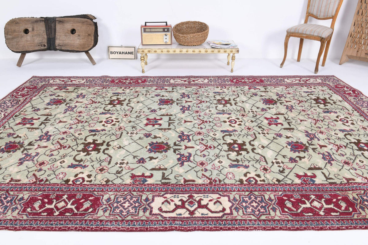 El yapımı vintage halı 208x330 cm çiçek desenli desenli yün - kenar ve saçak detayı