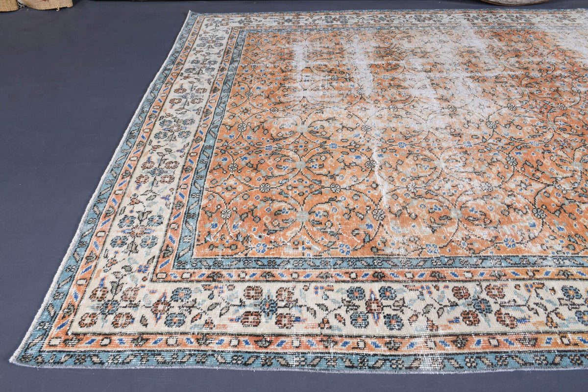 El yapımı vintage halı 193x305 cm çiçek desenli desenli yün - kenar ve saçak detayı