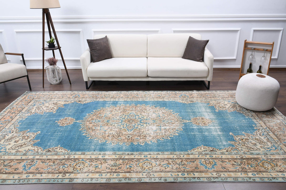El yapımı vintage halı 201x363 cm oryantal desenli yün - yakın çekim doku detayı