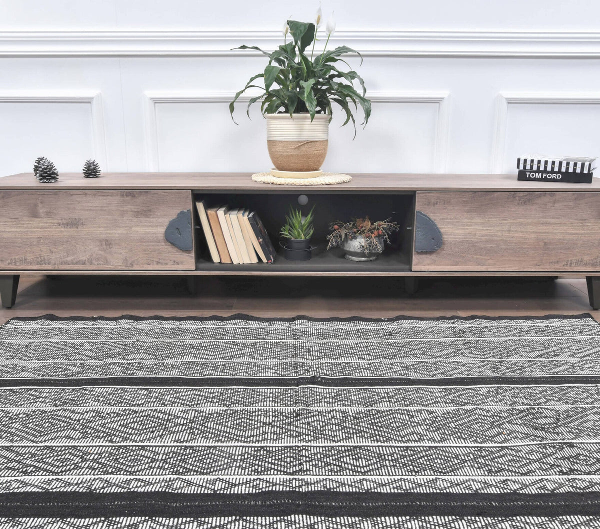 El yapımı vintage halı 211x213 cm çizgili desenli yün - kenar ve saçak detayı
