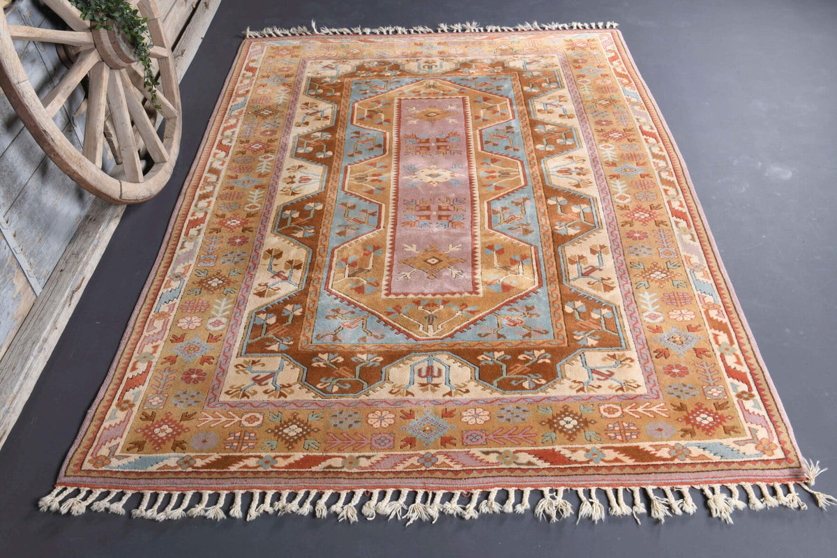 El yapımı vintage halı 201x279 cm tribal desenli yün - detay görünümü
