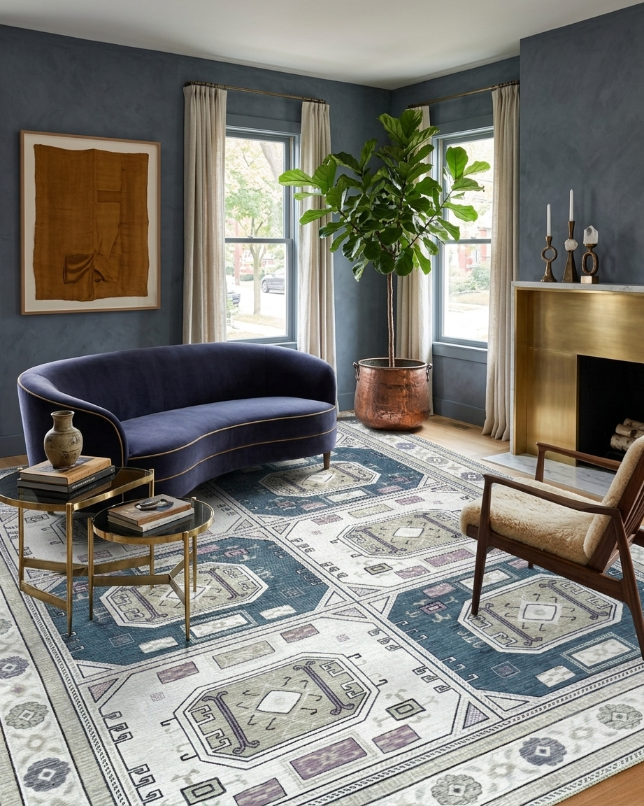 Uşak Blue Red Vintage Kilim Carpet