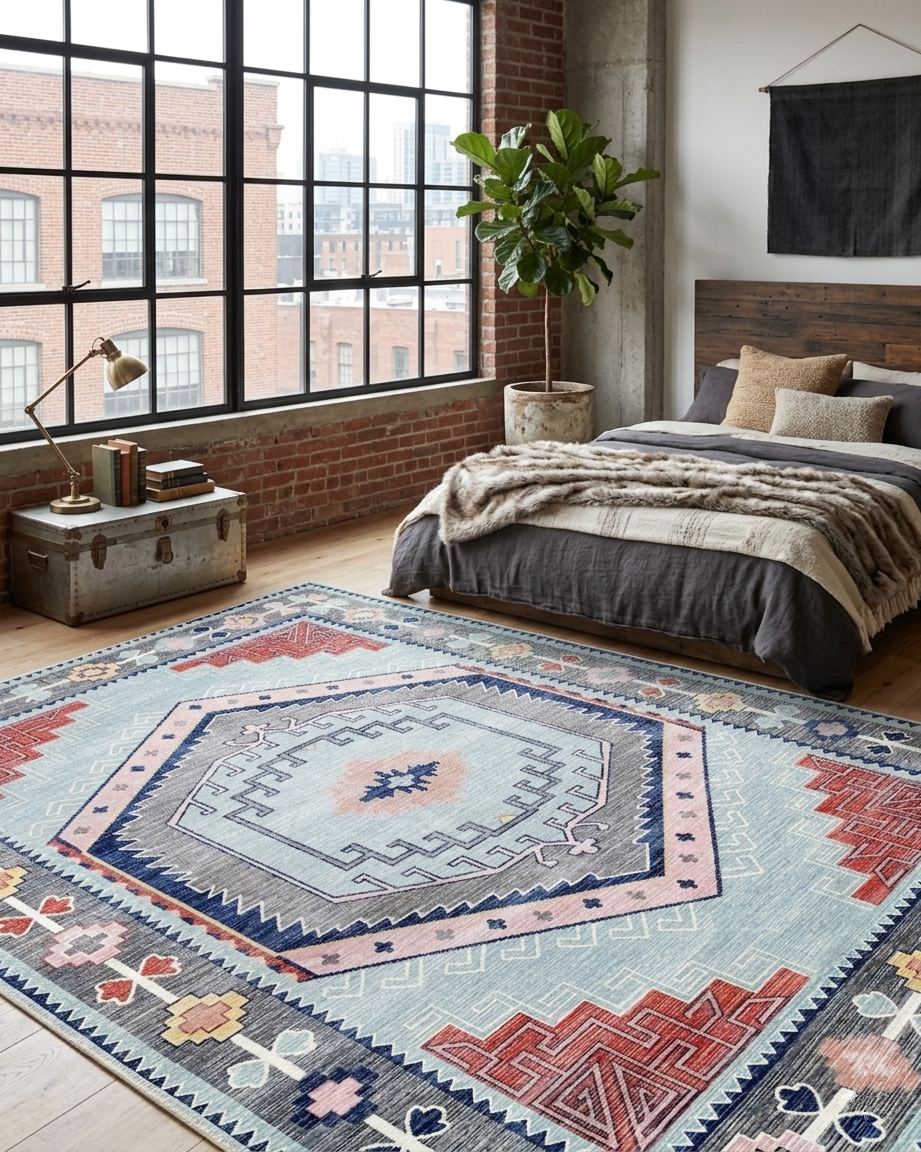 Uşak Blue Red Vintage Kilim Carpet