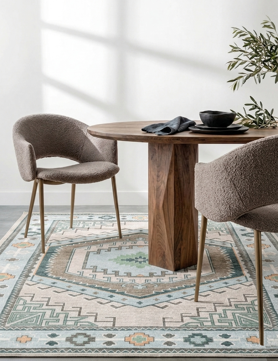 Geometrik Madalyon Desenli Açık Mavi Ve Su Yeşili Etnik Halı - AR856GG