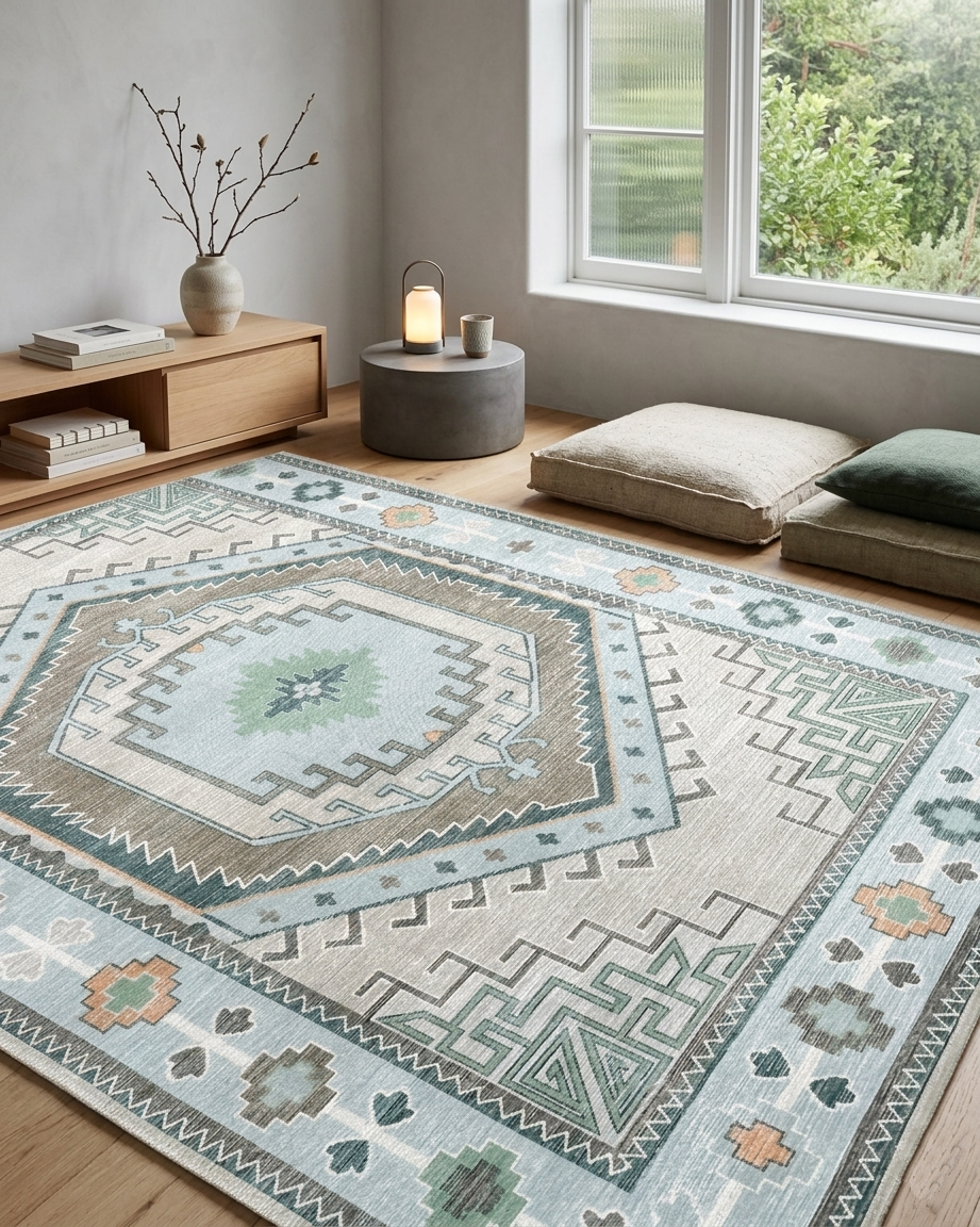 Geometrik Madalyon Desenli Açık Mavi Ve Su Yeşili Etnik Halı - AR856GG