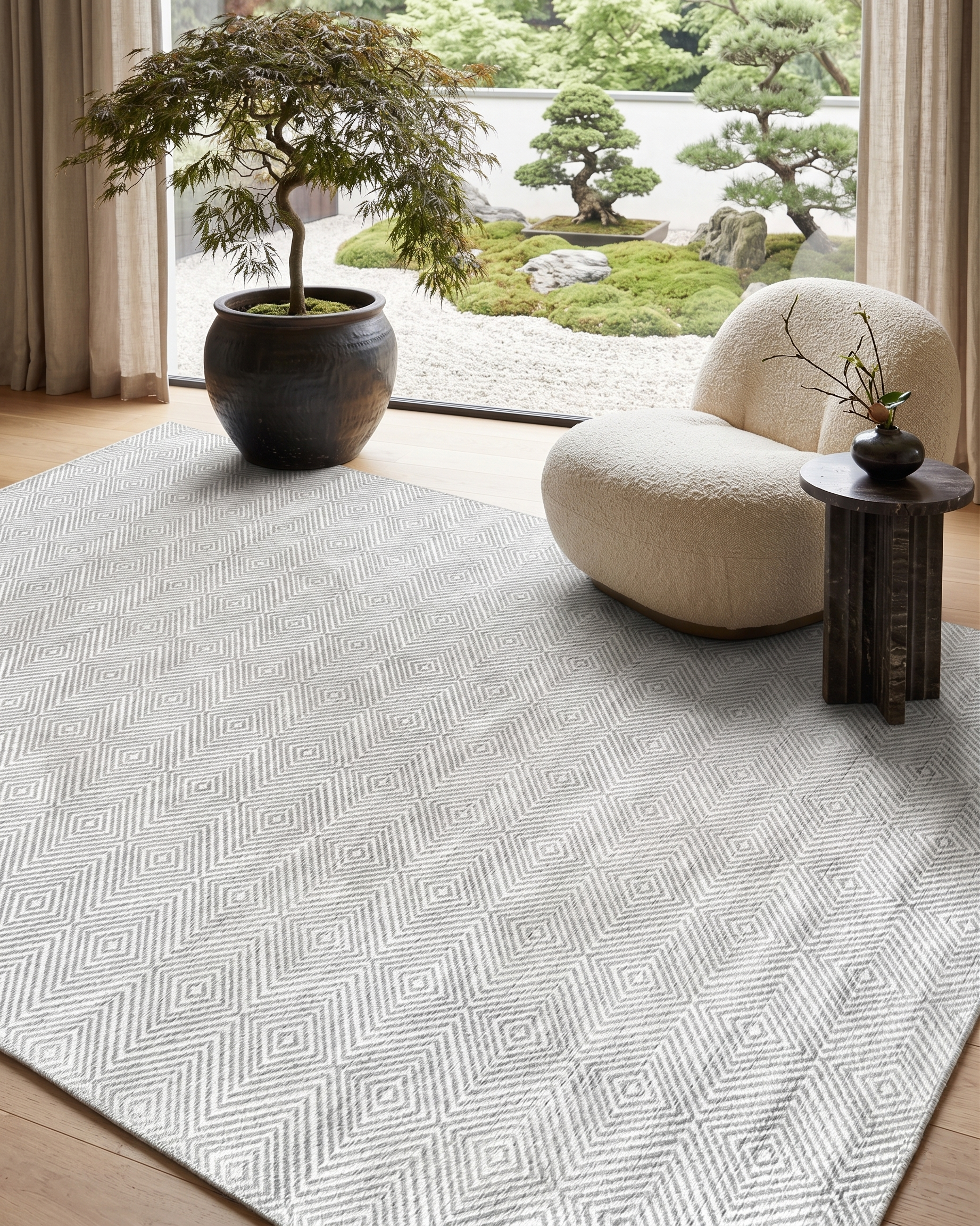 Modern Geometrik Elmas Desenli Açık Gri ve Beyaz Minimalist Halı - AR864CC