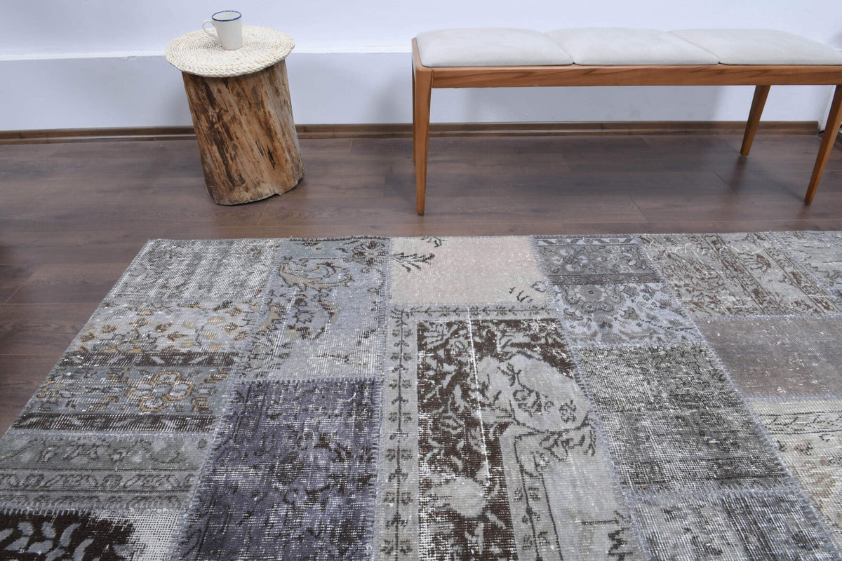 El yapımı vintage halı 254x302 cm tribal desenli yün - üstten görünüm