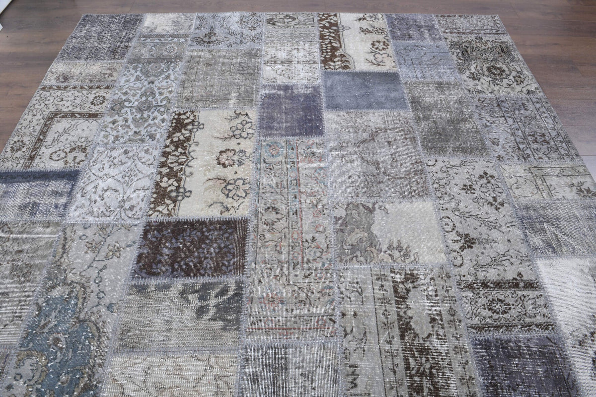 El yapımı vintage halı 254x302 cm tribal desenli yün - yakın çekim doku detayı