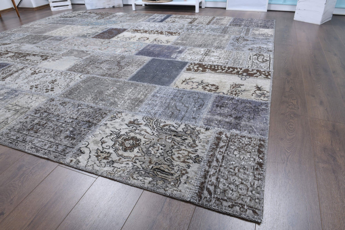 El yapımı vintage halı 254x302 cm tribal desenli yün - desen detayı