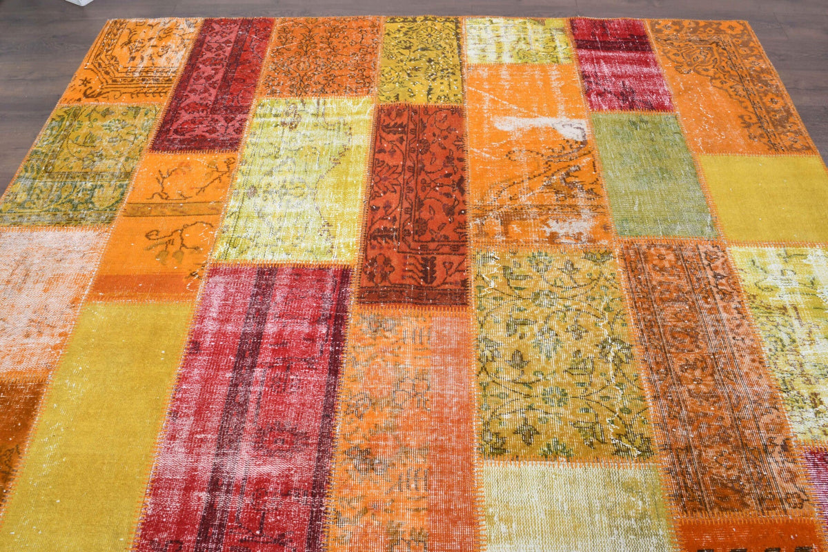 El yapımı vintage halı 254x302 cm tribal desenli yün - yakın çekim doku detayı